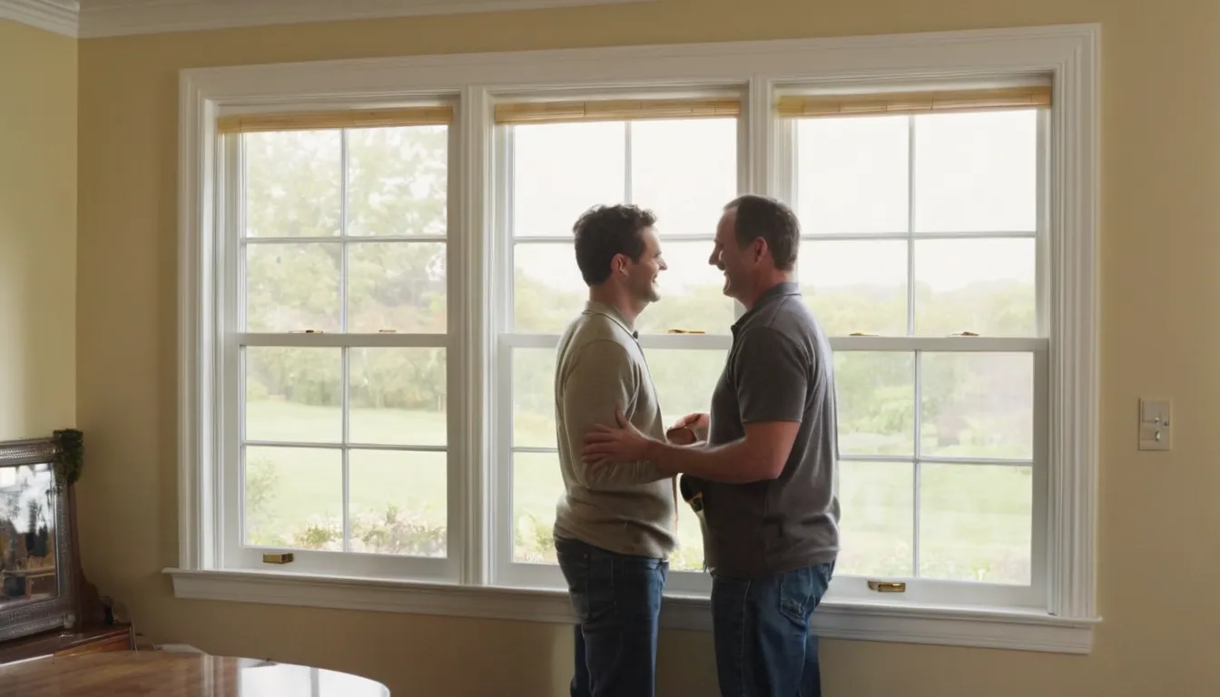 A homeowner and a local provider look at a new window in a bright living room in Gaithersburg